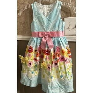 Bonnie Jean Blue Multi Floral Dress Satin Bow Appliqué Butterflies Girls Size 4T